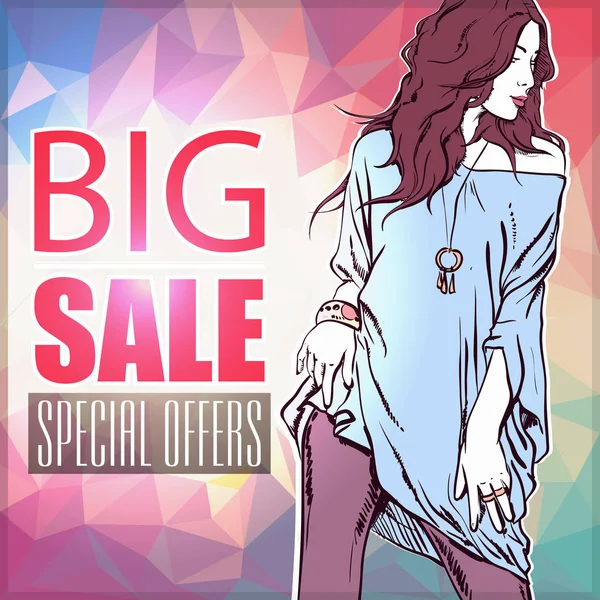 Big Sale Banner Fashionable Girl Vector Illustration — Stock Vector