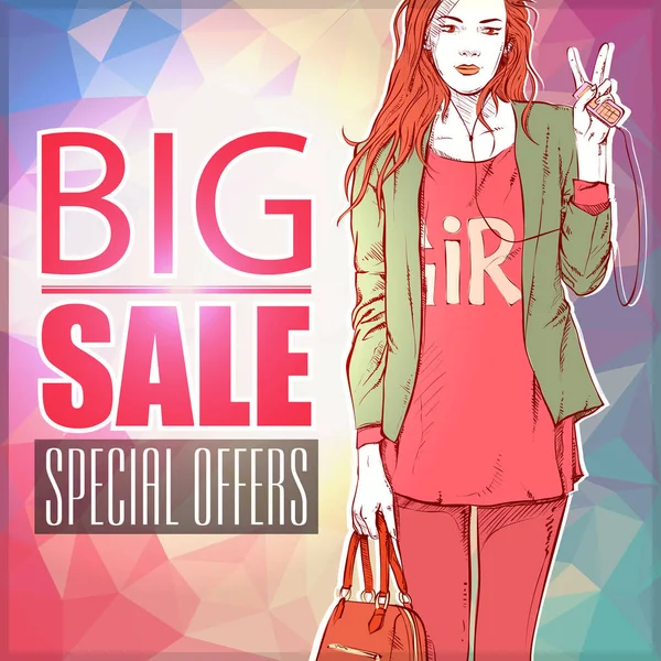 Big Sale Banner Fashionable Girl Vector Illustration — Stock Vector