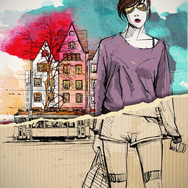 Bir sokak arka planda sevimli genç moda kız. Vektör illustrati — Stok Vektör