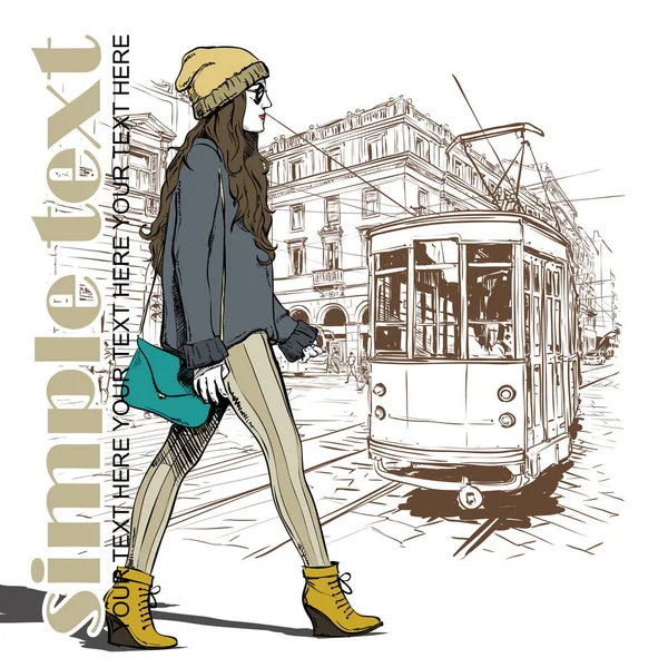 Vector illustration of a pretty fashion girl and old tram. — Stock Vector