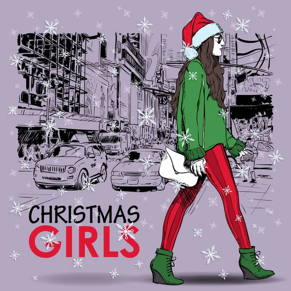Прекрасна різдвяна дівчина на вулиці. Векторне ілюстрація — стоковий вектор