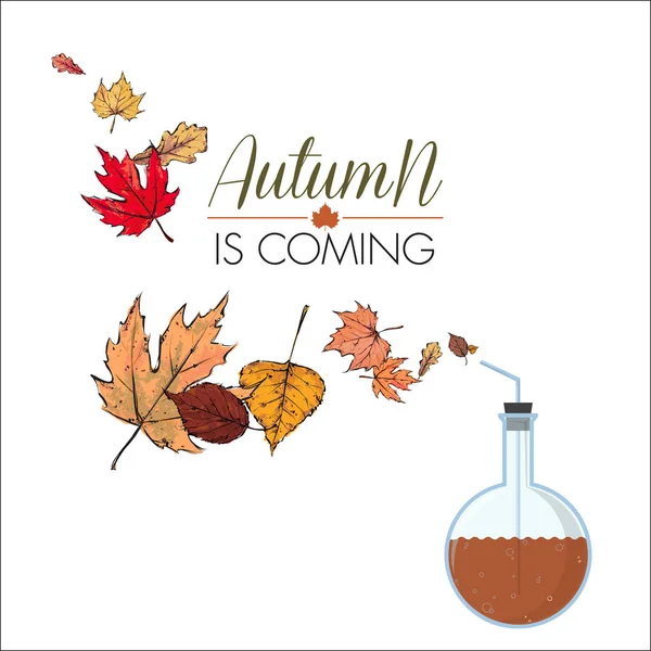 Otoño Viene Vector Ilustración Matraz Hojas — Vector de stock