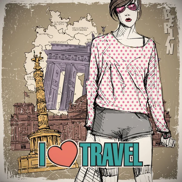 Linda chica de la moda joven en un fondo de la calle.Vector illustrati — Vector de stock