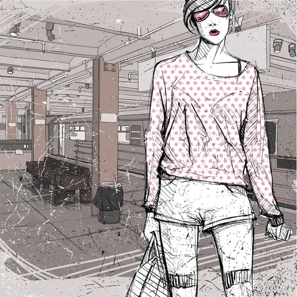 Linda chica de la moda joven en un fondo de la calle.Vector illustrati — Vector de stock