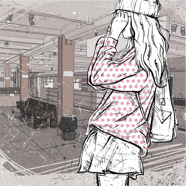 Jolie jeune fille en forme de croquis dans une station de métro. Vecteur il — Image vectorielle