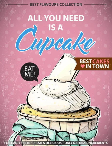 Retro Poster Met Witte Chocolade Cupcake Vector Illustratie — Stockvector