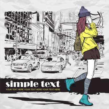 Bir sokak arka planda sevimli genç moda kız. Elle çizilmiş vekto