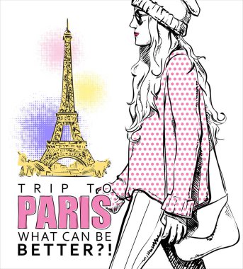 Eyfel kulesi arka planda eskiz tarzında güzel bir kız. Vektör