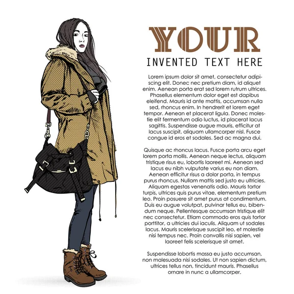 Αφίσα με μοντέρνα κορίτσι σε στυλ σκίτσο και το κείμενο. Διάνυσμα — Διανυσματικό Αρχείο