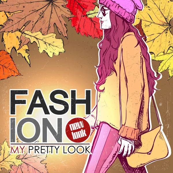 Herbst Modeposter Mit Modischen Jungen Frauen Vektorillustration — Stockvektor