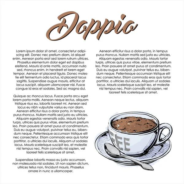 テキストとドッピオコーヒーと手描きのポスター ベクトルイラスト — ストックベクタ
