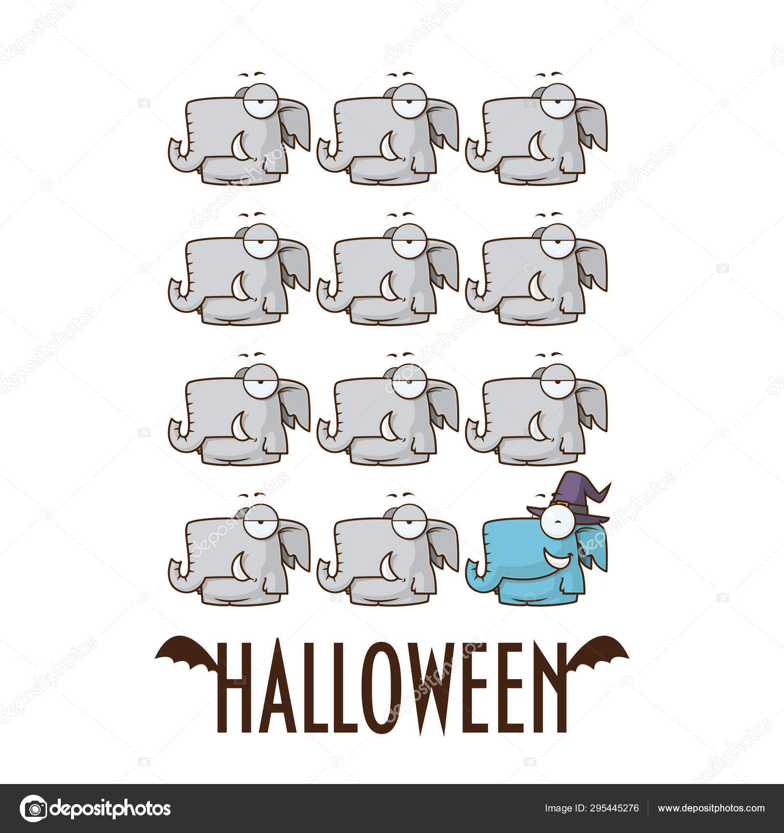 Halloween Greeting Card Cartoon Elephants Vector Illustration Stock