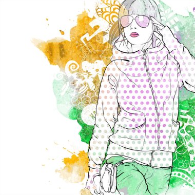 Waterc ile bir arka plan üzerinde güzel bir kız Vektör illüstrasyon