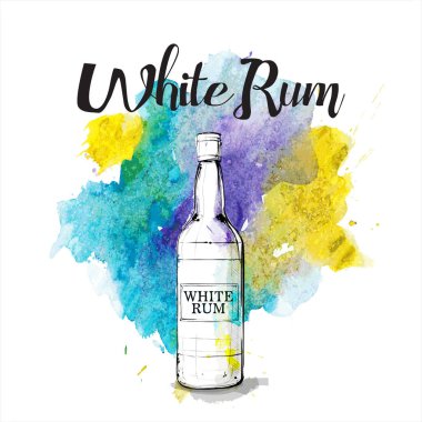 Beyaz rom şişesinin el çekimi. Vektör çizimi.