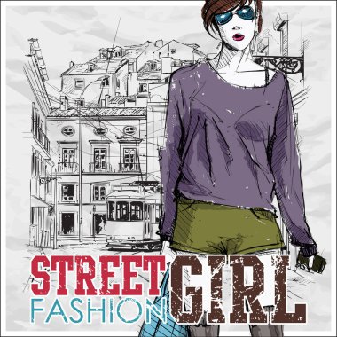 Bir sokak arka planda sevimli genç moda kız. Vektör illustrati