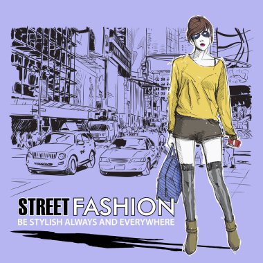Bir sokak arka planda sevimli genç moda kız. Vektör illustrati
