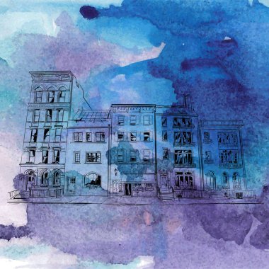 Cityscape illüstrasyon ile el çizilmiş suluboya arka plan 