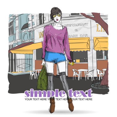 Bir sokak arka planda sevimli genç moda kız. Vektör illustrati