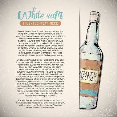 Metin ve beyaz rom şişesi ile el çizilmiş afiş. Vektör çizimi.