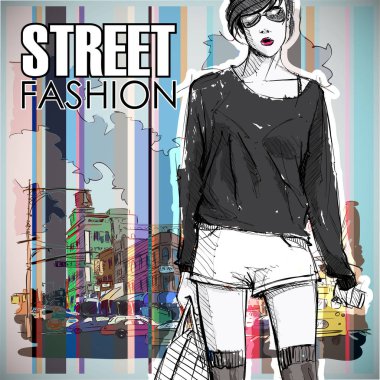 Bir sokak arka planda sevimli genç moda kız. Vektör illustrati
