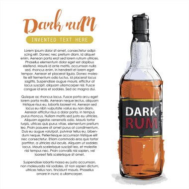 Koyu rom şişesinin el çekimi. Vektör çizimi.