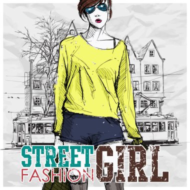 Bir sokak arka planda sevimli genç moda kız. Vektör illustrati