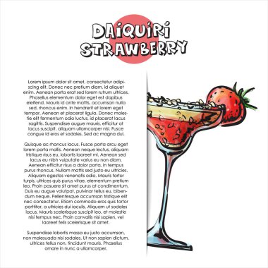 Daiquiri çilek kokteyl el çizilmiş illüstrasyon. Poster. Çizim stili. Vektör çizimi
