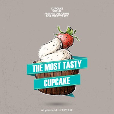 Çilek, kroki tarzı ile lezzetli cupcake ile Simge. Vektör çizimi