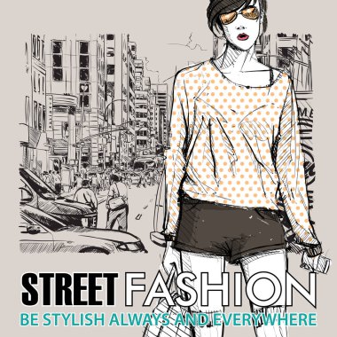 Bir sokak arka planda sevimli genç moda kız. Vektör illustrati