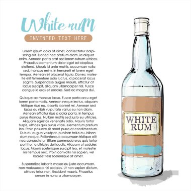 Beyaz rom şişesinin el çekimi. Vektör çizimi.