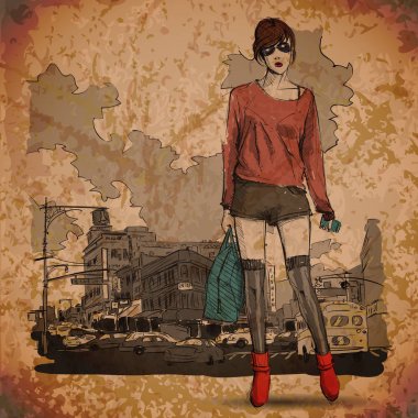 Bir sokak arka planda sevimli genç moda kız. Vektör illustrati