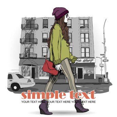 sevimli genç moda kız sokak arka plan üzerinde. çizilmiş vektör çizimi uzat.