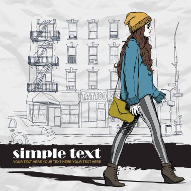 Bir sokak arka planda sevimli genç moda kız. Elle çizilmiş vekto