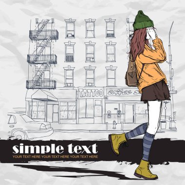 Bir sokak arka planda sevimli genç moda kız. Elle çizilmiş vekto