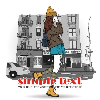 Bir sokak arka planda sevimli genç moda kız. Elle çizilmiş vekto