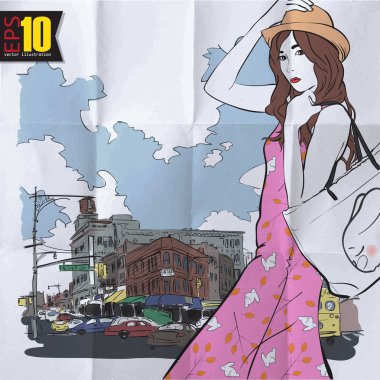 güzel moda genç kadın ile vintage illüstrasyon