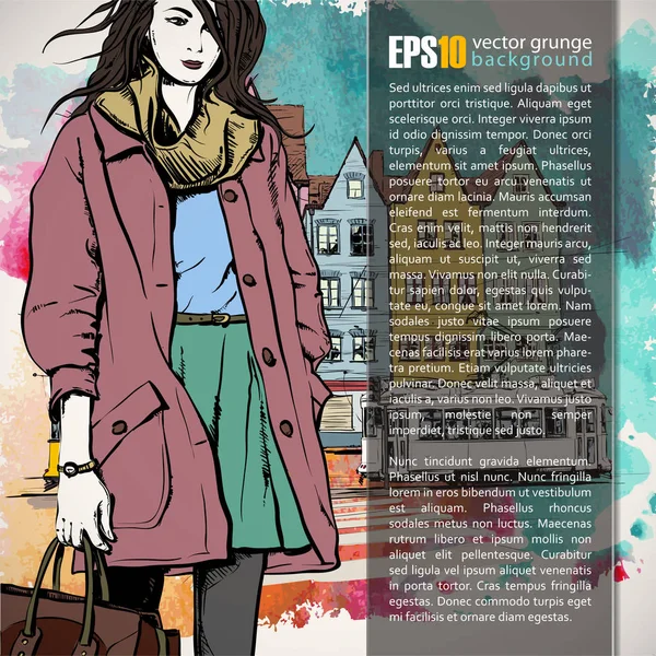 Handgezeichnete Illustration von Mode-Mädchen im Skizzenstil. Platz f — Stockvektor
