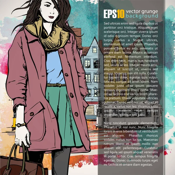 Illustrazione disegnata a mano della ragazza di moda in stile schizzo. Luogo f — Vettoriale Stock