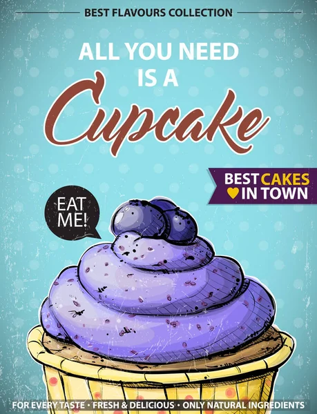 Retro Affisch Med Blåbär Cupcake Vektor Illustration — Stock vektor
