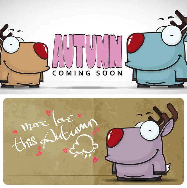 Autumnal vector card with funny cartoon deer and text. — Stock Vector