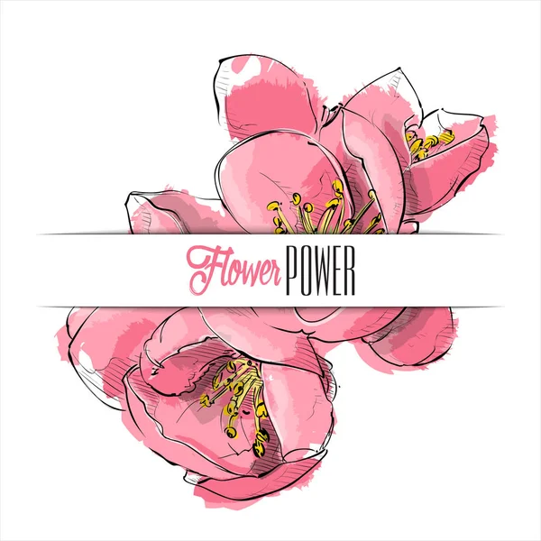 Tarjeta Floral Con Hermosas Flores Rosadas Estilo Boceto Ilustración Vectorial — Vector de stock