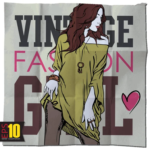 Grunge Arka Planda Şık Kız Vintage Moda Vektör Çizimi — Stok Vektör
