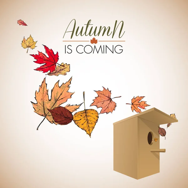 Autunno Sta Arrivando Illustrazione Vettoriale Birdhouse Foglie — Vettoriale Stock