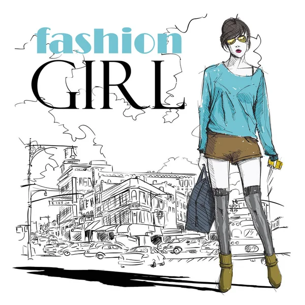 Linda chica de la moda joven en un fondo de la calle.Vector illustrati — Vector de stock