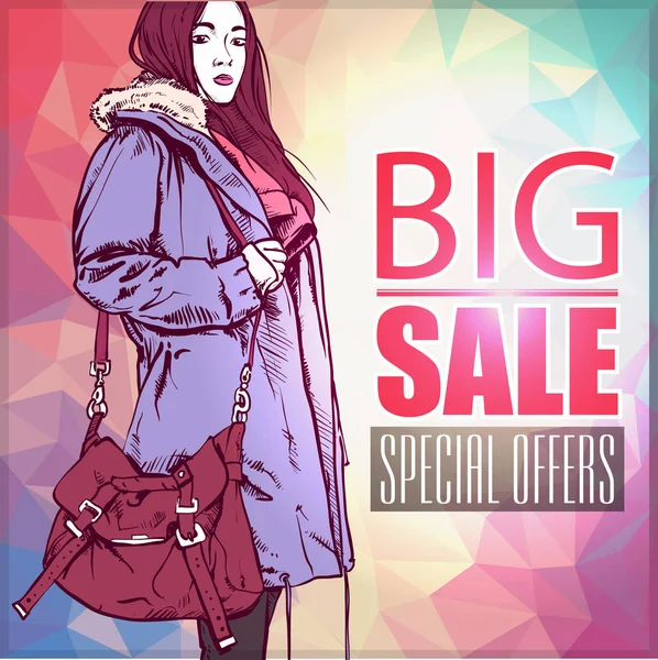 Big Sale Banner Fashionable Young Woman Vector Illustration — Stock Vector