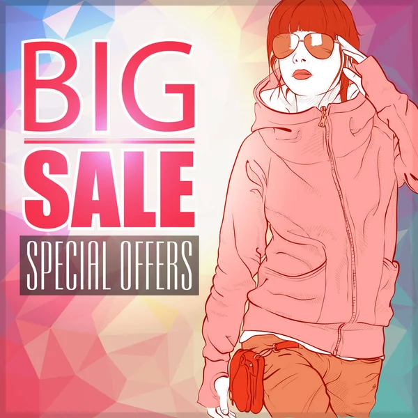 Big Sale Banner Fashionable Young Woman Vector Illustration — Stock Vector