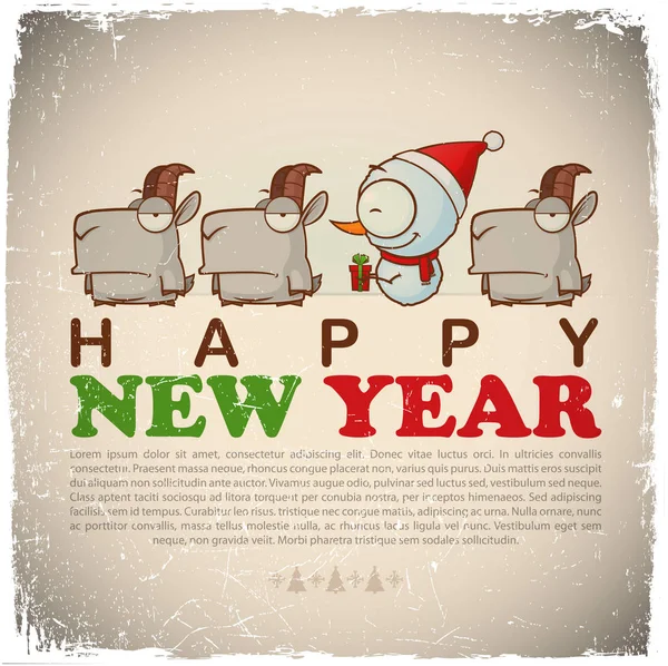Tarjeta de geeting de Año Nuevo con muñeco de nieve y cabras. Ilustración del vector — Archivo Imágenes Vectoriales