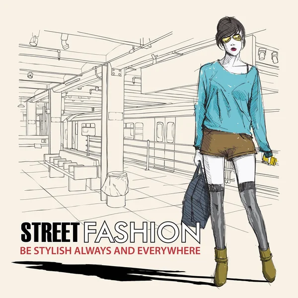 Linda chica de la moda joven en un fondo de la calle.Vector illustrati — Archivo Imágenes Vectoriales