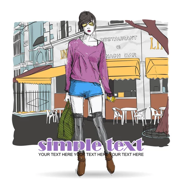 Linda chica de la moda joven en un fondo de la calle.Vector illustrati — Vector de stock