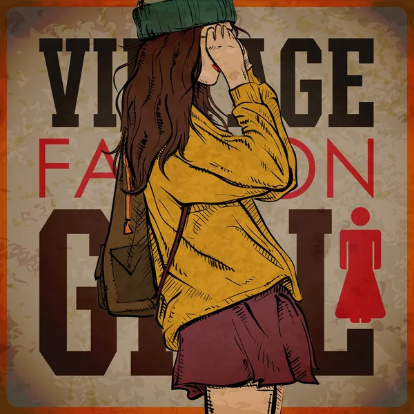 Vintage bakgrund med Pretty Fashion Girl. — Stock vektor